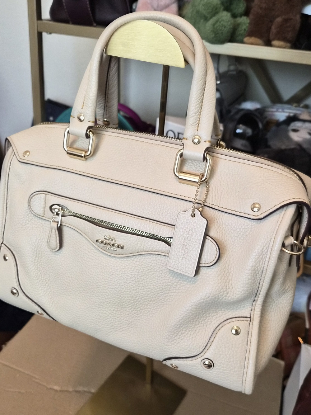 Coach Millie Pebbled Leather Satchel Handbag - Cream